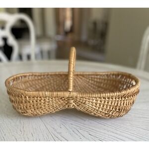 Vtg Woven Bohemian Wicker Rattan Handled Basket‎ Hippie  Boho New